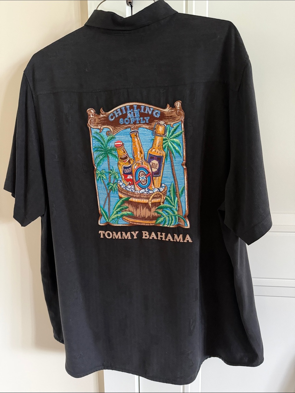 Tommy Bahama Silk Black Short-Sleeve Shirt with Colorful Tropical Bottle Graphic